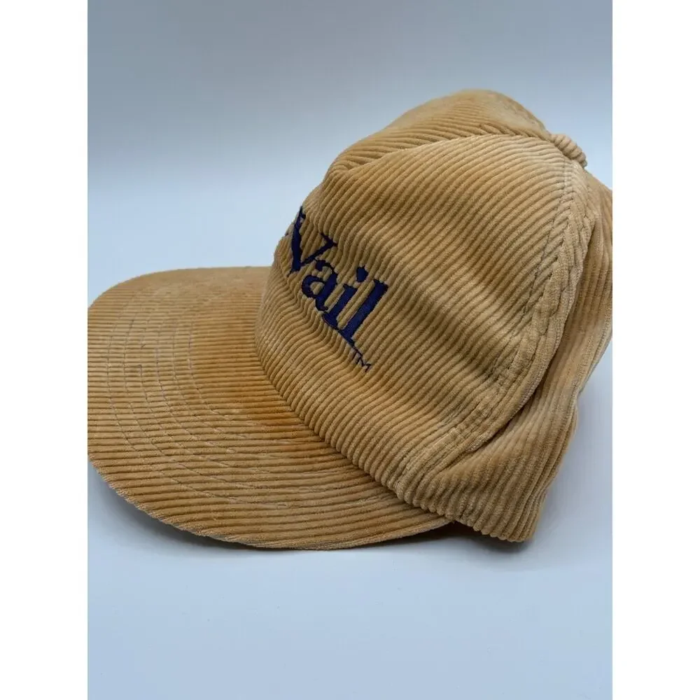 Vintage Vail Corduroy Snapback Hat Tan Leather Strap Cap Made in Taiwan USA